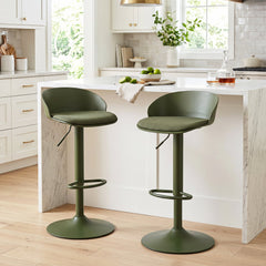 Set of 2 Adjustable Swivel Bar Stools with Wrap Around Backs in Olive Green, 24 to 32.5 Inch