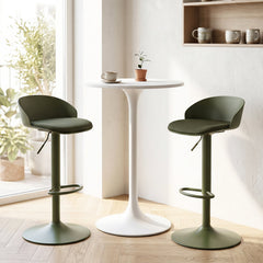 Set of 2 Adjustable Swivel Bar Stools with Wrap Around Backs in Olive Green, 24 to 32.5 Inch
