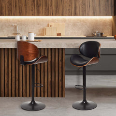 Set of 2 Bentwood Adjustable Swivel Bar Stools in Black and Walnut, 23.5 to 32 Inch