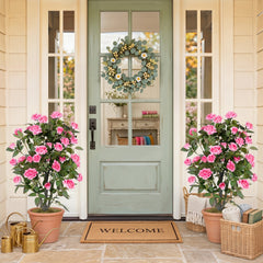 Set of 2 Artificial Rose Tree with Blooming Flowers and Green Leaves for Indoor-Pink