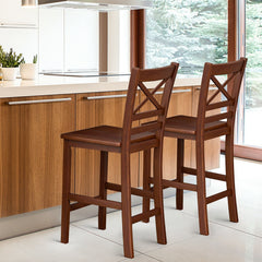 Set of 2 Cross Back Counter Stools with Solid Wood Seats in Walnut, 24 Inch Seat