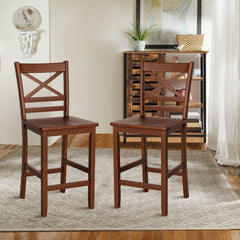 Set of 2 Cross Back Counter Stools with Solid Wood Seats in Walnut, 24 Inch Seat