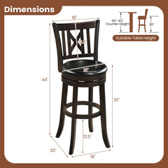 Set of 2 Bar Height Swivel Stools with Cut X Backs and Black Seats, 30 Inch Seat