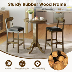 Set of 2 Bar Height Stools with Curved Backs and Faux Leather Seats in Oak, 29.5 Inch