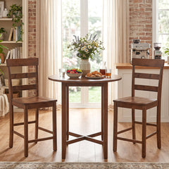 Set of 2 Ladder Back Counter Stools in Walnut with Timber Seats, 24 Inch Seat Height