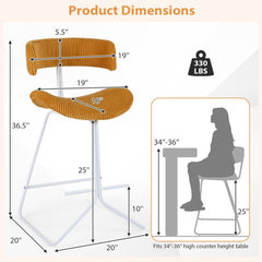 Set of 2 Corduroy Counter Stools with Open Curved Backs in Mustard, 25 Inch Seat
