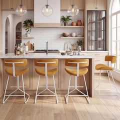 Set of 2 Corduroy Counter Stools with Open Curved Backs in Mustard, 25 Inch Seat