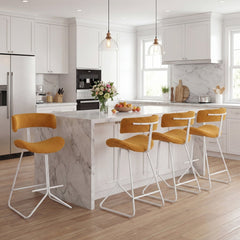 Set of 2 Corduroy Counter Stools with Open Curved Backs in Mustard, 25 Inch Seat