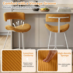 Set of 2 Corduroy Counter Stools with Open Curved Backs in Mustard, 25 Inch Seat