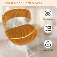 Set of 2 Corduroy Counter Stools with Open Curved Backs in Mustard, 25 Inch Seat