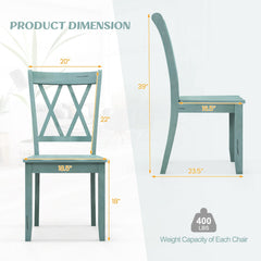 Set of 2 Double Cross Back Dining Chairs, Distressed Mint Green Rubber Wood with Contoured Wooden Seat