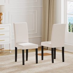 Set of 2 Mid Century Parsons Dining Chairs, Beige Faux Linen with 3.5 Inch Seat Cushion and Rubber Wood Legs