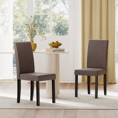 Set of 2 Mid Century Parsons Dining Chairs, Brown Faux Linen with 18 Inch Seat Height and Rubber Wood Legs