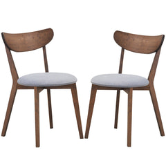 Set of 2 Mid Century Dining Chairs, Walnut Rubber Wood with Curved Back and Grey Upholstered Seat