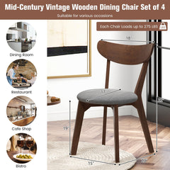 Set of 2 Mid Century Dining Chairs, Walnut Rubber Wood with Curved Back and Grey Upholstered Seat