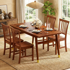 Set of 2 Slat Back Wooden Dining Chairs, Walnut Rubber Wood with Inclined Back