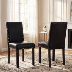 Set of 2 Parsons Dining Chairs, Black Faux Leather with Nailhead Trim and 4.5 Inch Seat, 400 lb