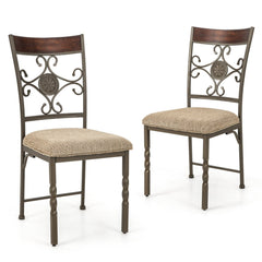 Set of 2 Metal Dining Chairs with Scroll Medallion Back, Wood Top Rail and Beige Fabric Seat