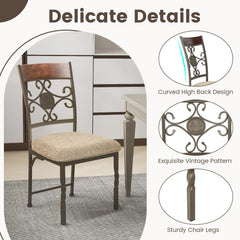 Set of 2 Metal Dining Chairs with Scroll Medallion Back, Wood Top Rail and Beige Fabric Seat