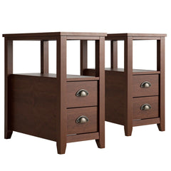 Set of 2 Narrow End Tables with 2 Drawers and Open Shelf, Brown
