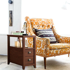 Set of 2 Narrow End Tables with 2 Drawers and Open Shelf, Brown