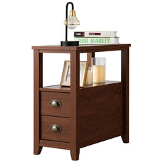 Set of 2 Narrow End Tables with 2 Drawers and Open Shelf, Brown