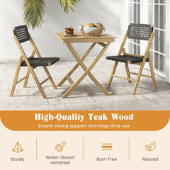 Set of 2 Folding Chairs Indonesia Teak Wood Dining Chairs with Woven Rope Seat and Back
