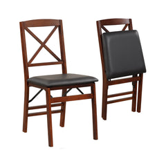 Set of 2 Folding X Back Dining Chairs, Espresso Rubber Wood with Black PVC Leather Seat, 400 lb