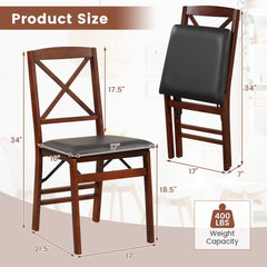 Set of 2 Folding X Back Dining Chairs, Espresso Rubber Wood with Black PVC Leather Seat, 400 lb