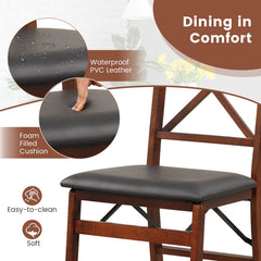 Set of 2 Folding X Back Dining Chairs, Espresso Rubber Wood with Black PVC Leather Seat, 400 lb