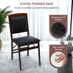 Set of 2 Folding Dining Chairs, Espresso Rubber Wood with Padded Black PU Leather Seat and Back