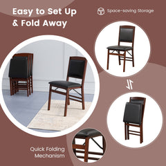Set of 2 Folding Dining Chairs, Espresso Rubber Wood with Padded Black PU Leather Seat and Back