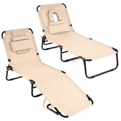 Set of 2 Folding Face Down Tanning Loungers with 6 Pillows, Beige
