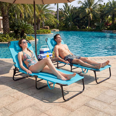 Set of 2 Folding Tanning Loungers with Face Holes and Flaps, Turquoise