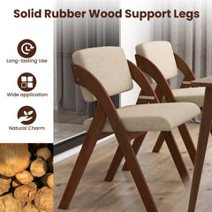 Set of 2 Folding Dining Chairs, Walnut Rubber Wood A Frame with Beige Padded Seat and Back