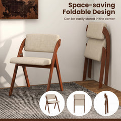 Set of 2 Folding Dining Chairs, Walnut Rubber Wood A Frame with Beige Padded Seat and Back
