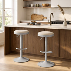 Set of 2 Backless Gas Lift Bar Stools in Grey Fabric with D Shaped Footrest, 23.5 to 32 Inch