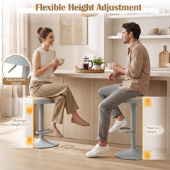 Set of 2 Backless Gas Lift Bar Stools in Grey Fabric with D Shaped Footrest, 23.5 to 32 Inch