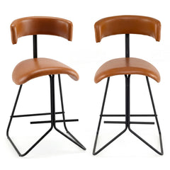 Set of 2 Counter Stools in Cognac Faux Leather with Open Curved Backs, 25 Inch Seat