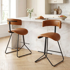 Set of 2 Counter Stools in Cognac Faux Leather with Open Curved Backs, 25 Inch Seat