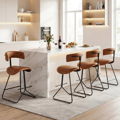 Set of 2 Counter Stools in Cognac Faux Leather with Open Curved Backs, 25 Inch Seat