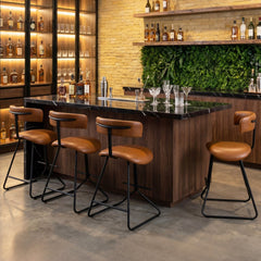 Set of 2 Counter Stools in Cognac Faux Leather with Open Curved Backs, 25 Inch Seat