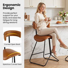 Set of 2 Counter Stools in Cognac Faux Leather with Open Curved Backs, 25 Inch Seat