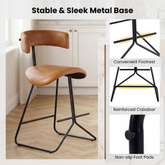 Set of 2 Counter Stools in Cognac Faux Leather with Open Curved Backs, 25 Inch Seat