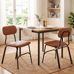 Set of 2 Modern Dining Chairs, Brown PU Leather with Black Metal Legs and Rivet Trimmed Edges