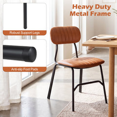 Set of 2 Modern Dining Chairs, Brown PU Leather with Black Metal Legs and Rivet Trimmed Edges