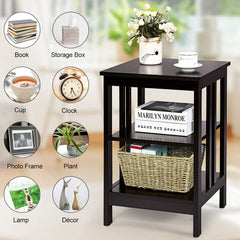 Set of 2 3 Tier Nightstands with Reinforced Side Bars, Dark Brown
