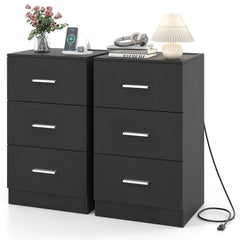 Set of 2 Nightstand with Charging Station End Table with 3 Storage Drawers Bedside Table for Bedroom-Black