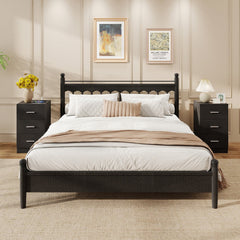 Set of 2 Nightstand with Charging Station End Table with 3 Storage Drawers Bedside Table for Bedroom-Black