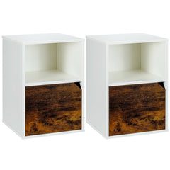 Set of 2 Nightstands with Open Shelf and Cabinet Door, White
